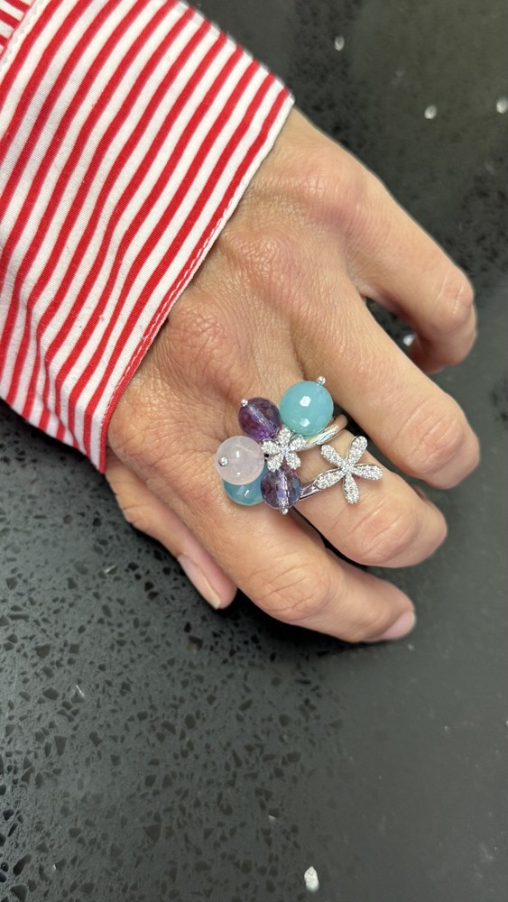 18K White Gold Amethyst, Rose Quartz & Diamond Floral Statement Ring Size 7