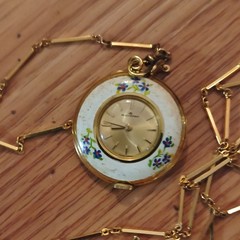 Bucherer Floral Enamel Round Pendant Watch Necklace Gold/White Bar Link Chain