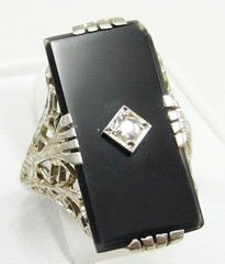 Vintage 18K White Gold Black Onyx Diamond Art Deco Ring Sz 4.25 .10 CTW SI1 J/K