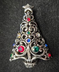 Estate Silver Tone & Rhinestone Christmas Tree Open Scroll Pendant Pin / Brooch