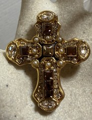 Jay Strongwater Swarovski Goldtone Crystal Faux Pearl Cross Brooch Pin