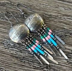 Southwestern Dangle Earrings Turquoise Coral Bead Fringe Vtg Sterling Silver #7
