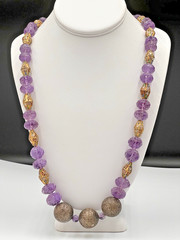 Vtg Chinese Carved Amethyst Bead & Gold Cloisonne Necklace, 168 grams, 30″ Long