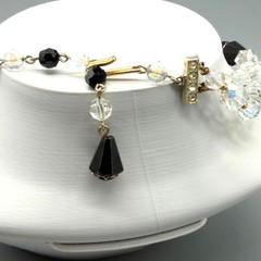 Vintage Black Clear Crystal Beaded Necklace Rhinestone Clasp 15″