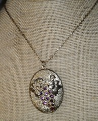 Vintage Art Nouveau Revival Grapes Locket Pendant Necklace Ormolu Rhinestones