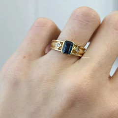 Vintage Style Emerald Medium Blue Sapphire Lab Created Diamond Gold Finish Ring