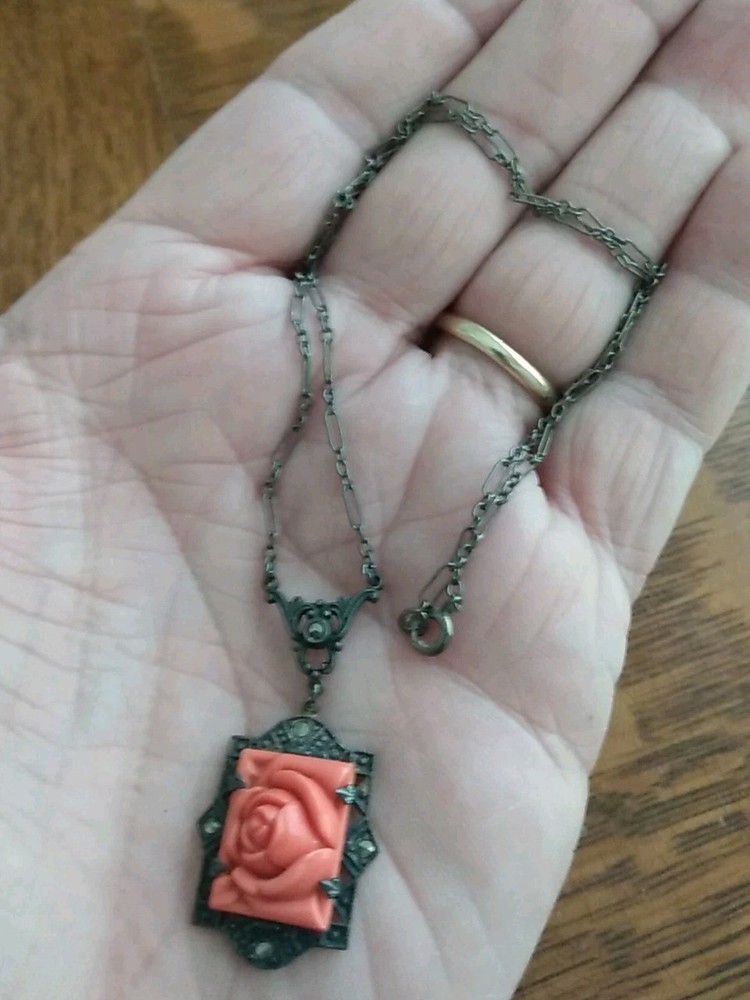 Antique coral colored Rose molded glass & Sterling Deco Necklace Pendant