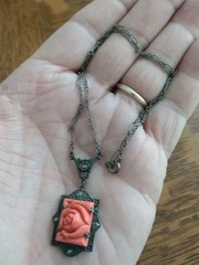 Antique coral colored Rose molded glass & Sterling Deco Necklace Pendant