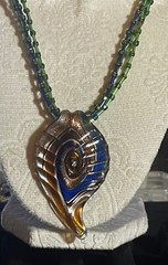 Vintage Paisley Peacock Glass Pendant on Iridescent green glass necklace 18 inch