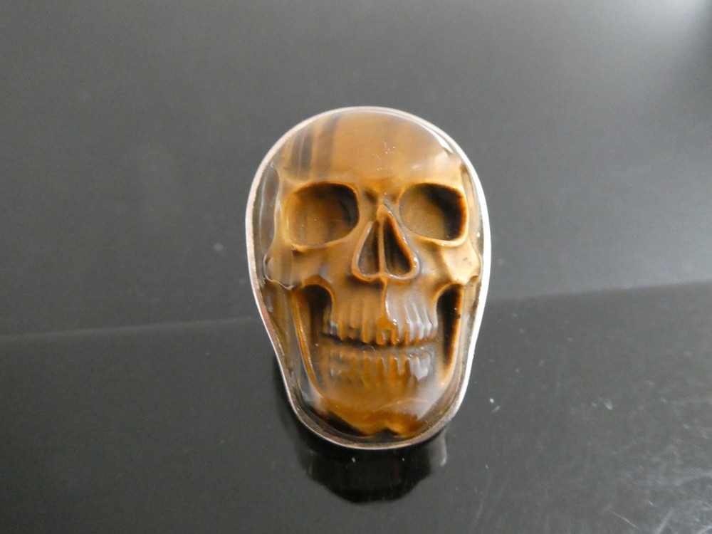 Vintage Tiger’s Eye Gemstone Carved SKULL Sterling Silver 925 RING Size 8.5