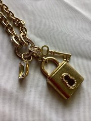 Vintage R. J Graziano Gold Tone Necklace With Lock And Key Pendant Rhinestones