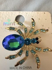 Aqua Rhinestone Gold Tone Spider Brooch