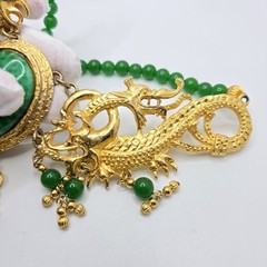 VTG Designer Dragon Statement Necklace, Gold-Tone Metal with Faux Jade Beads
