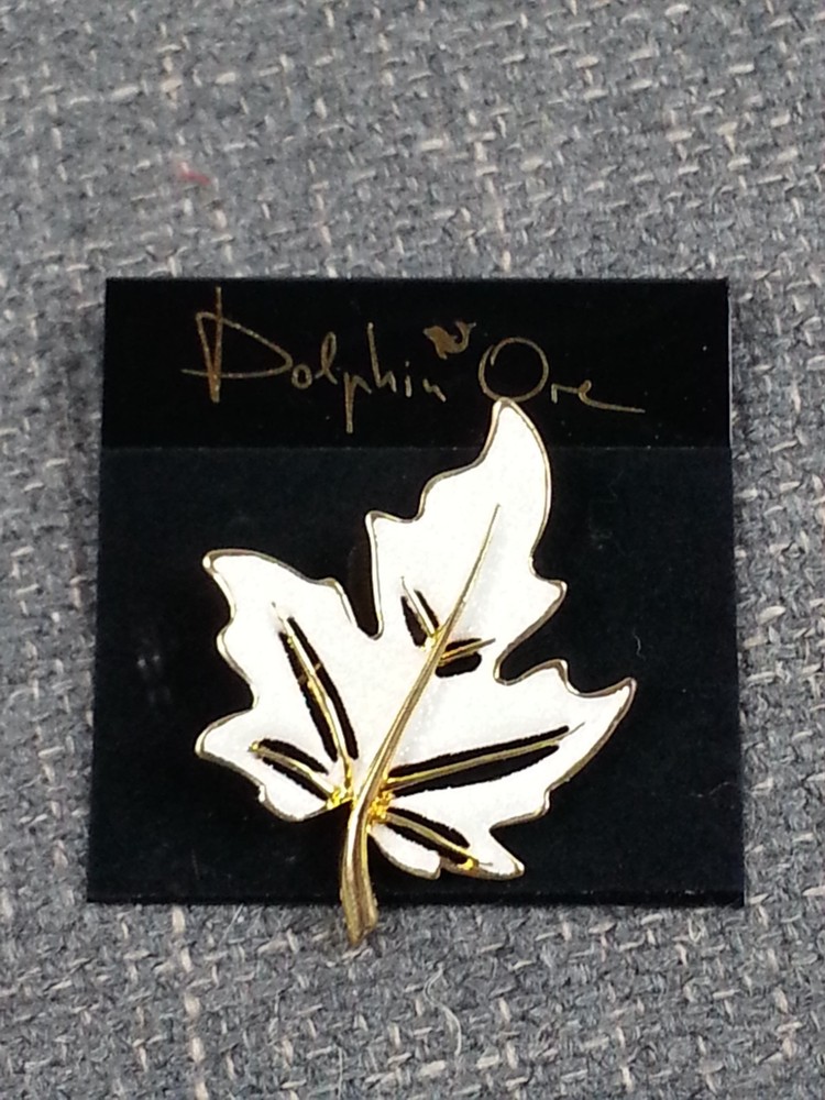 Dolphin One Leaf Fall Brooch Pin Autumn Goldtone