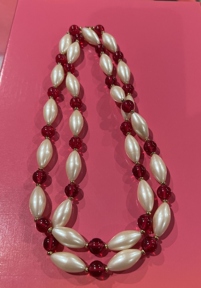 Monet Signed Necklace Faux Pearls Red Stones 36 In Signed