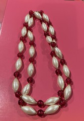 Monet Signed Necklace Faux Pearls Red Stones 36 In Signed