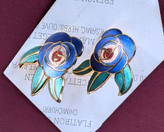 🐸Laurel Burch Earrings DECO ROSE POST Royal Blue Turquoise Rose Gold Tone VTG