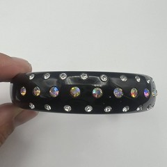 Vintage Black Acrylic Lucite AB Rhinestones Domed Bangle Bracelet Size 8″