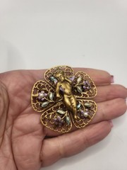 Sculptural Golden Cherub Cupid Angel Brooch Pin Multicolored Enamel Filigree