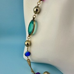 Vintage Open Bezel Lucite Necklace Gold Tone Multicolor Oval Round Faceted