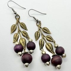 Vtg Big Art Nouveau Brass Leaves Chandelier Burgundy Bead Statement Earrings
