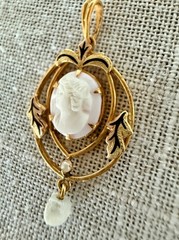 Antique 10K Gold Shell Cameo Pendant Black Enamel Pearl Drop Victorian Style