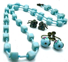 Lot Vtg Deco Czech Aqua Glass Cube Bead Necklace & Murano & JMS 1/20 GF Earrings
