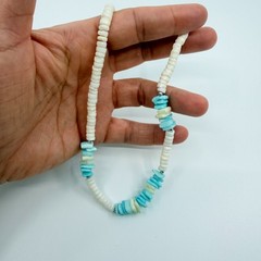 Vintage Silver Tone Turquoise Color Heishi Bead Necklace Shell Chip Strand Boho
