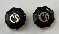 Vintage ST JOHN Logo Gold Tone Black Octagon Clip On Earrings 1″