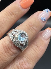 LARGE 2.50 CT DIAMOND & AAA AQUAMARINE 925 STERLING OVAL PEAR SHAPE HALO RING