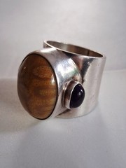 OBSIDIAN BRAND Fossil Coral & Amethyst Statement Ring Size 8 Sterling Silver