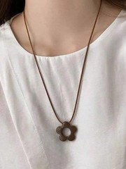 Vintage Natural Stone Pendant Necklace Brown Leather Cord Sweater Chain