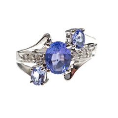 Fabulous 14k Solid White Gold Natural Tanzanite and Diamond 3-Stone Ring Sz 6.5