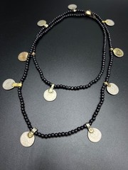 Vintage Black Beaded Coin Necklace, Tribal Boho Necklace, Ethnic Coin Charm