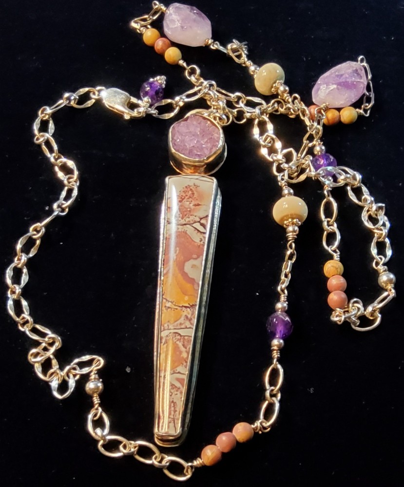 Vtg Sterling Silver Designer Long Pendant Necklace Natural Jasper & Amethyst…