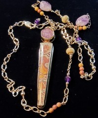 Vtg Sterling Silver Designer Long Pendant Necklace Natural Jasper & Amethyst…