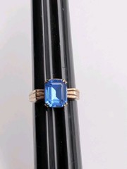 Vintage Art Deco UNCAS Faceted Blue Glass Rhinestone Gold Filled Ring sz 6.25
