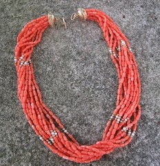 Vintage multi strand Coral Pearl and 14k gold necklace