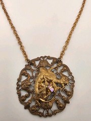 Vintage Art Nouvea Style Topaz Crystal Dragon Filigree Mixed Metal Necklace