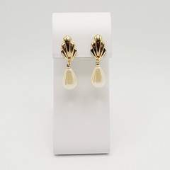 Art Deco Style Faux Pearl Teardrop Gold Tone Scallop Fan Classy Mermaid Earrings