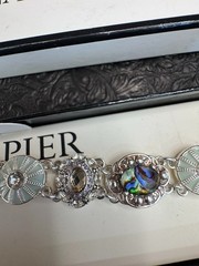 Vintage Napier Abalone Glass Jeweled Rhinestone Enamel 7” Silver Tone Bracelet
