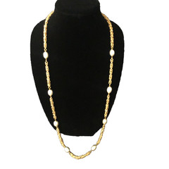 Italian 18K Gold Plated Rope Link Necklace Faux Pearl Accents 32in