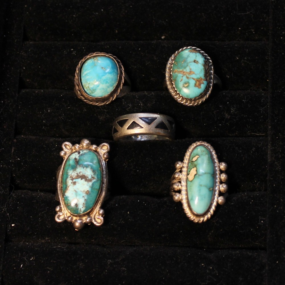 Lot of 5 Vintage Silver Turquoise Rings Size 5-5.5