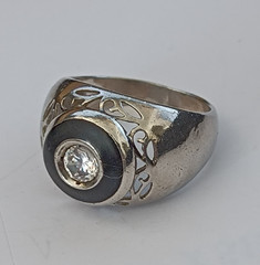 Chunky Silver Signet Ring Black Enamel Crystal Vintage Statement Domed Men Women
