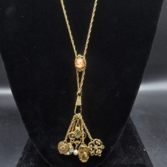 Etruscan Revival Charm Necklace Watch Fob Gold Tone Cameo Goldette Style
