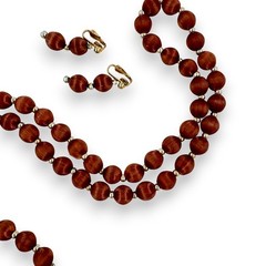 Vintage 80s True Brown Silk Covered Beaded Necklace & Clip On Earring Set