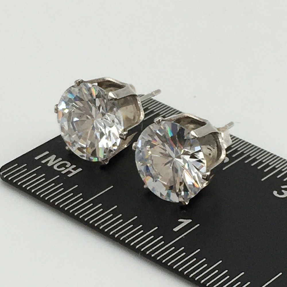 Vintage Sterling Silver 10mm Round CZ Stud Post Earrings Marked 925 3.8g #64