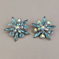 Vintage Judy Lee Rhinestone Brooch Clip On Earrings Set Blue Flower Original Box