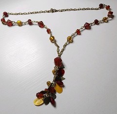 Vintage Coldwater Creek Red Yellow Glass Beaded Necklace Signed Nature Leaf Adj.