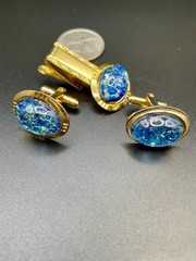Vintage Blue Foil Art Glass Cufflinks Tie Clip Set Gold Tone Oval MCM 3 Piece